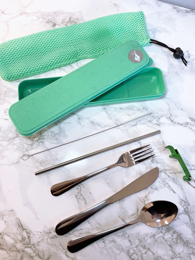 GREEN Travel Reuseable Cutlery Set Stainless Steel In Carry Case